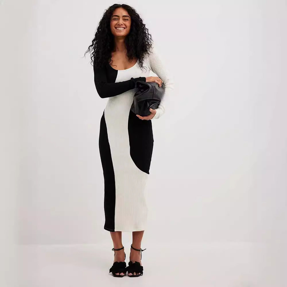 Knitted Black White Matching Long Sleeve Sweater Dress