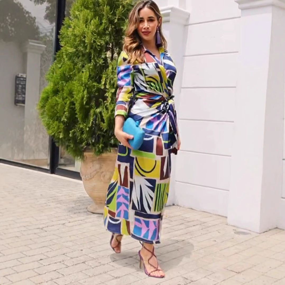 "Printed V-neck Belted Maxi Dress"