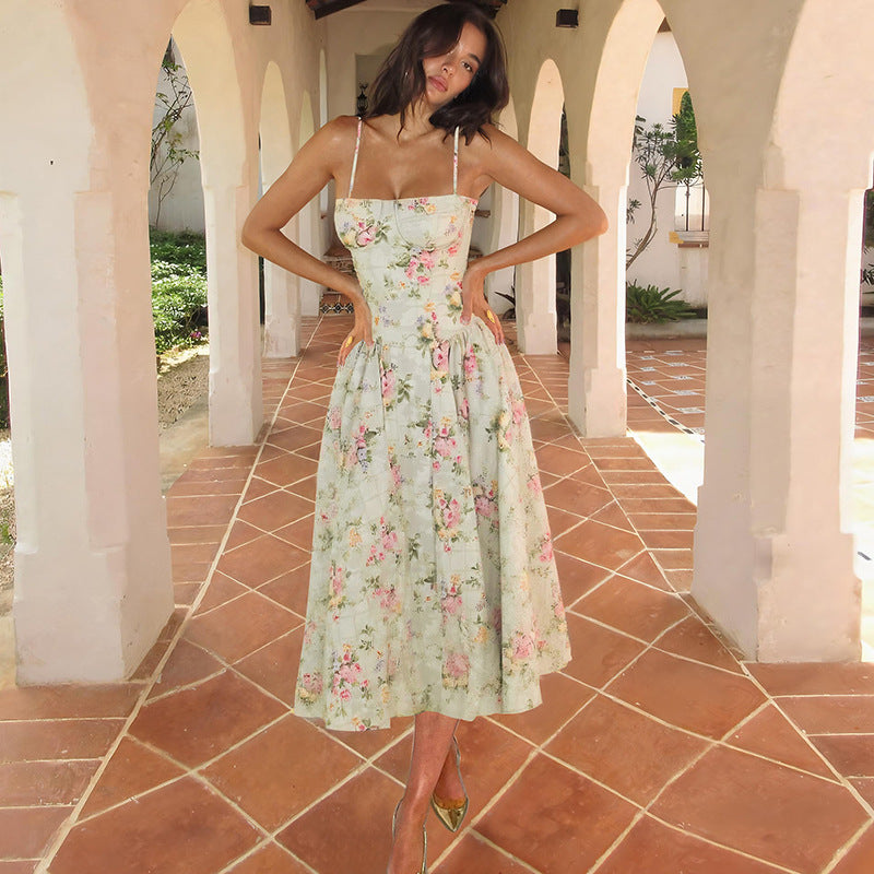 French Style Backless Waist Slimming Printed Dress
