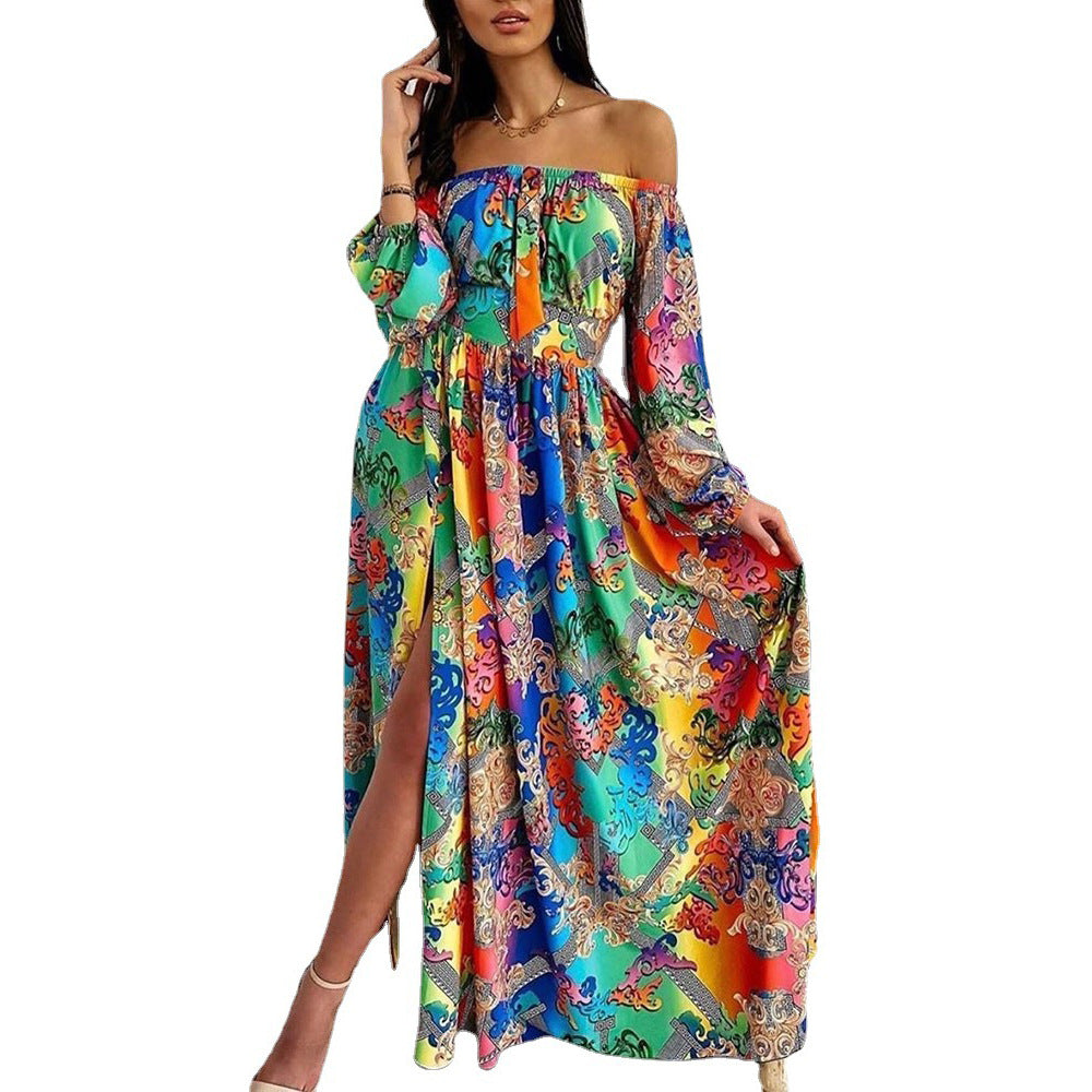 Retro Long Sleeve Split Dress