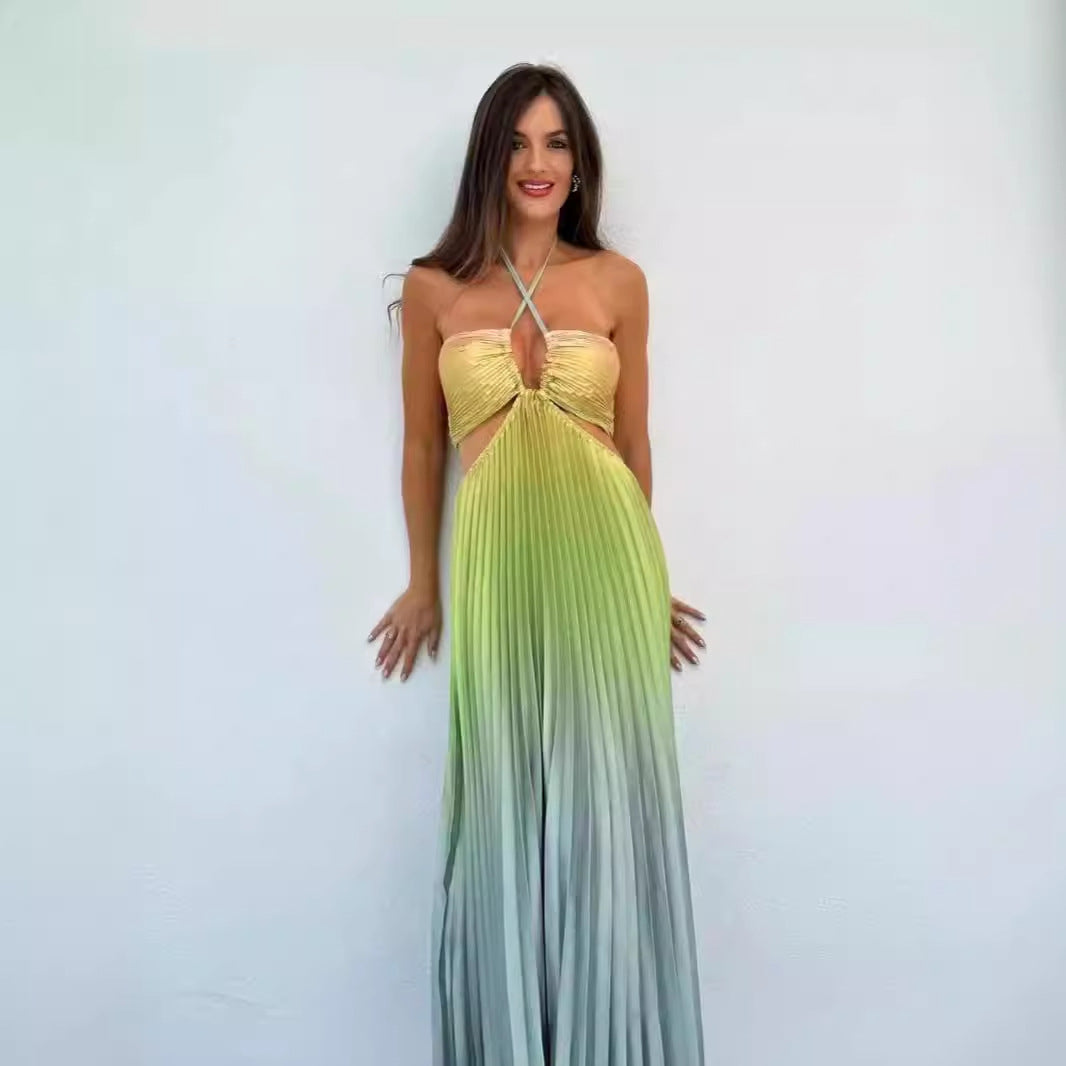 Summer Gradient Color Halter Pleated Long Dress