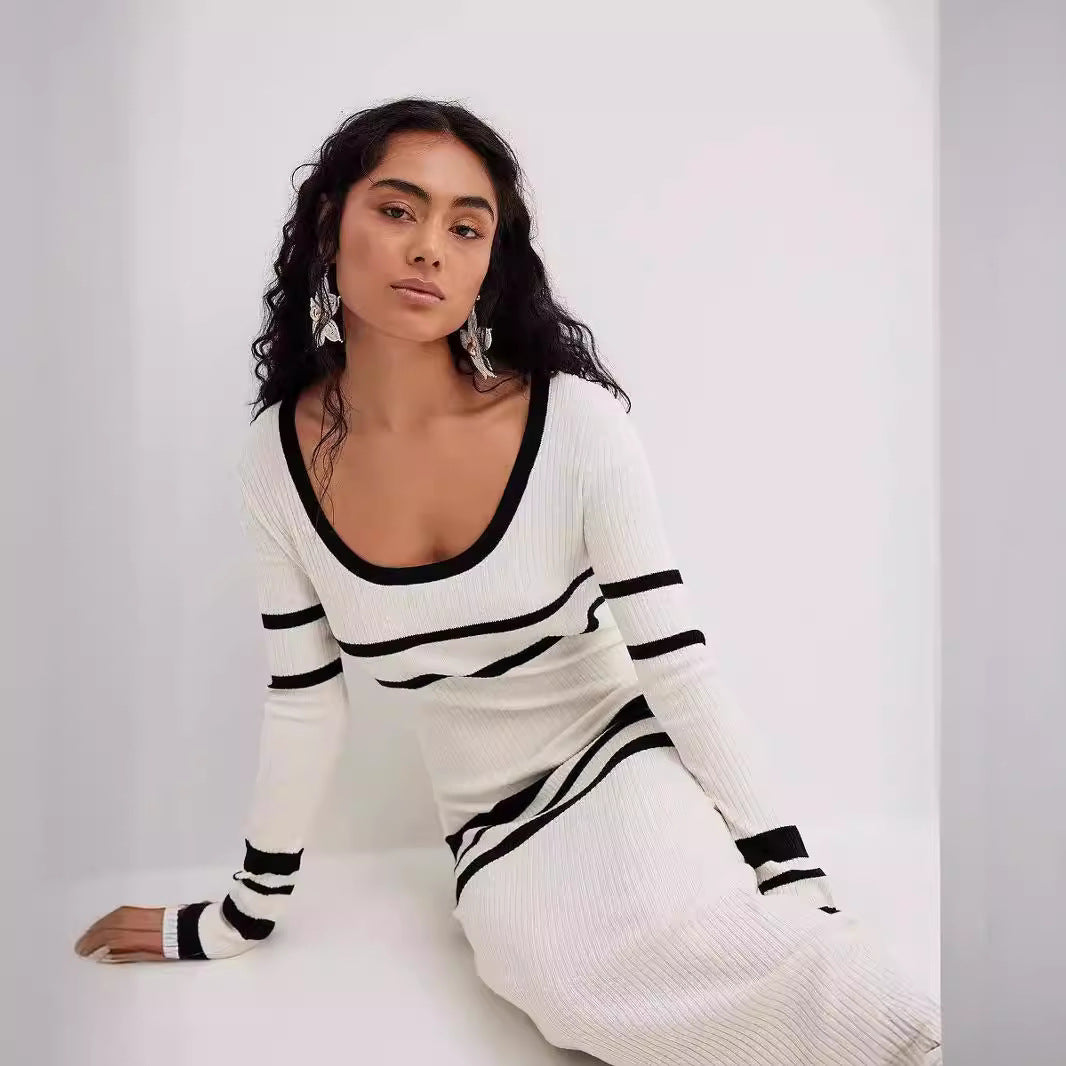 Slim Fit Woolen Striped Knitted Dress