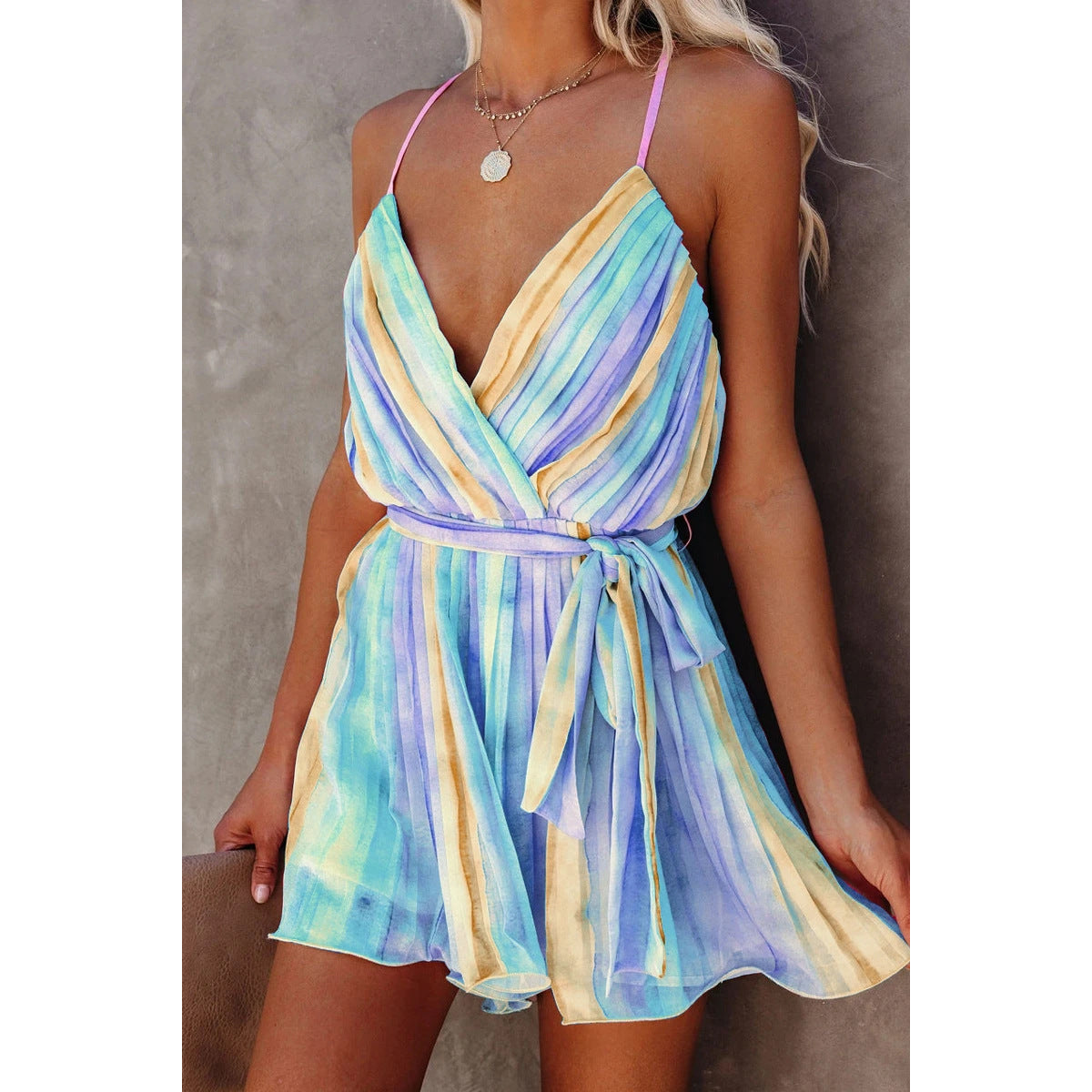 Pleated Chiffon Dress V neck