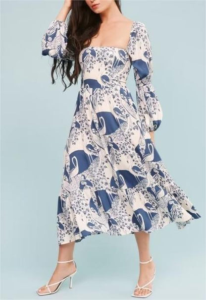 French Retro Square Collar Lantern Sleeve Length  Printed  Large Swing Dress