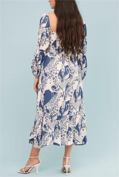 French Retro Square Collar Lantern Sleeve Length  Printed  Large Swing Dress