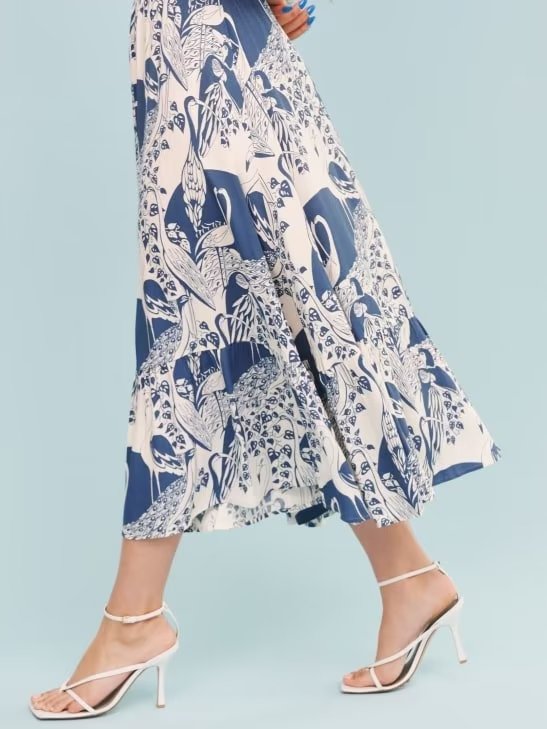 French Retro Square Collar Lantern Sleeve Length  Printed  Large Swing Dress