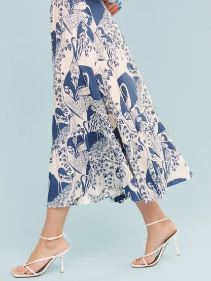 French Retro Square Collar Lantern Sleeve Length  Printed  Large Swing Dress