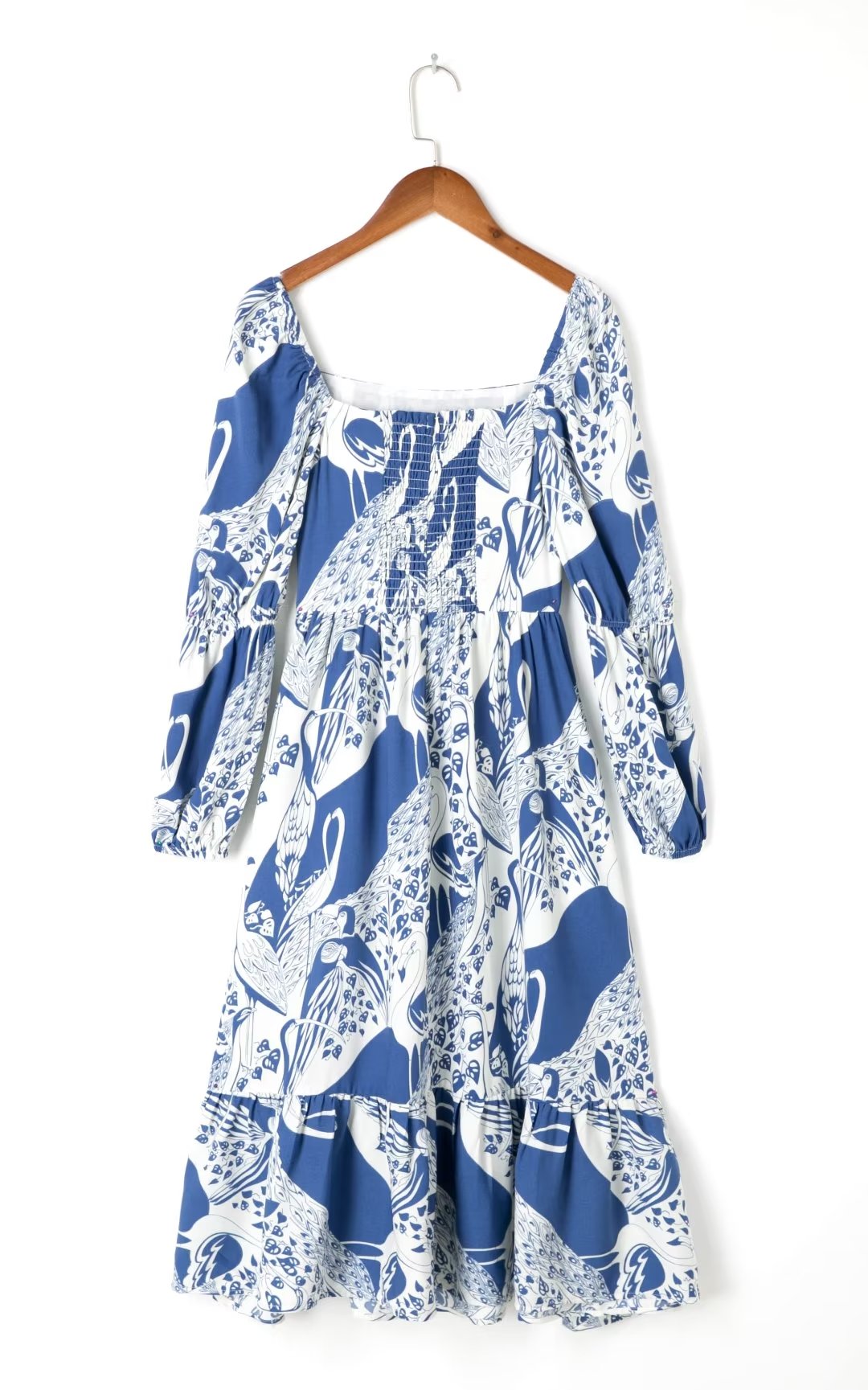 French Retro Square Collar Lantern Sleeve Length  Printed  Large Swing Dress