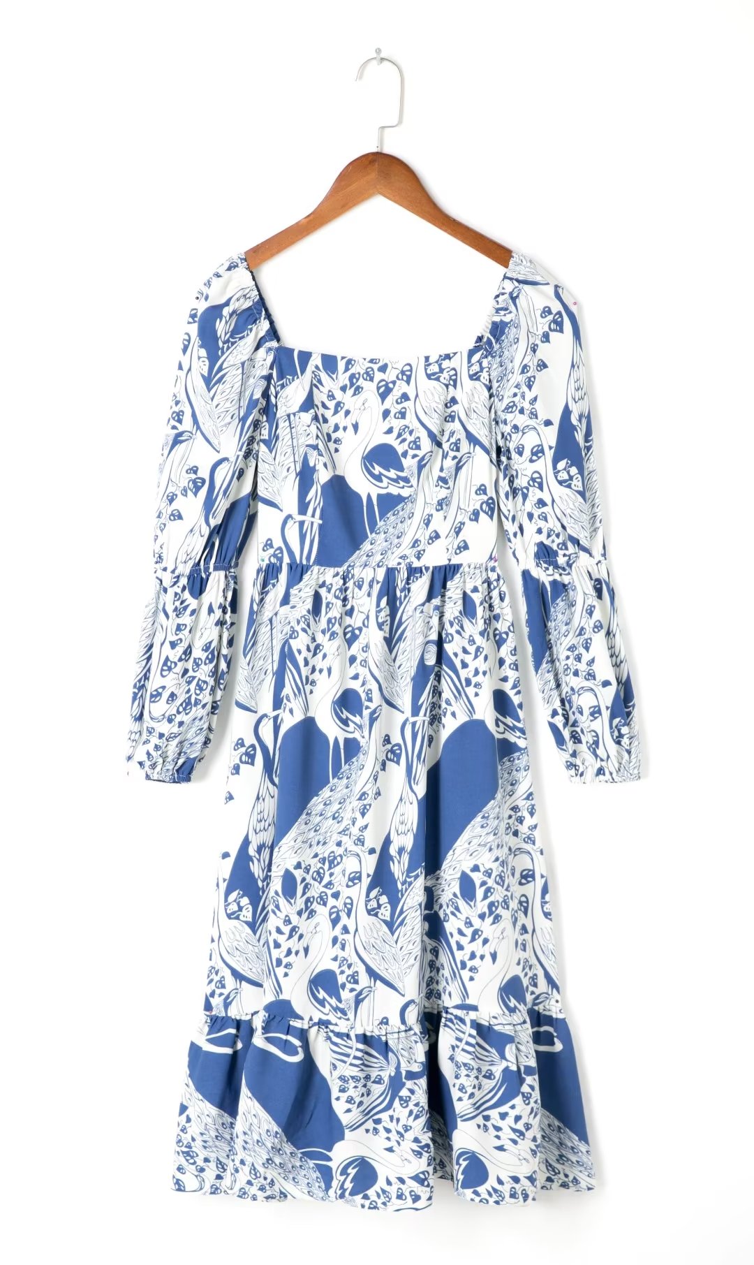 French Retro Square Collar Lantern Sleeve Length  Printed  Large Swing Dress
