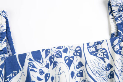 French Retro Square Collar Lantern Sleeve Length  Printed  Large Swing Dress