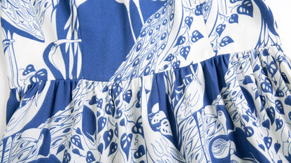 French Retro Square Collar Lantern Sleeve Length  Printed  Large Swing Dress