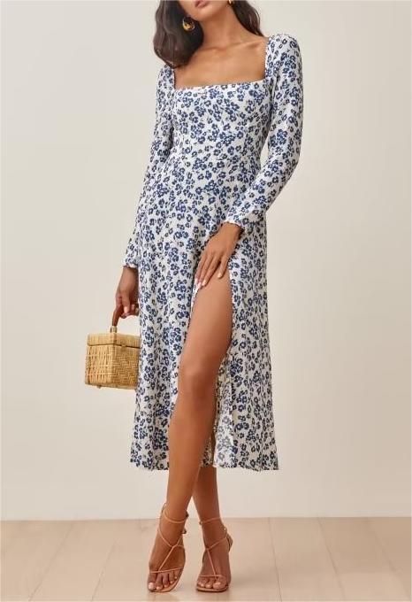 Flat Square Collar  with Blue Print High Slit Long