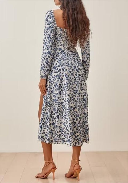 Flat Square Collar  with Blue Print High Slit Long