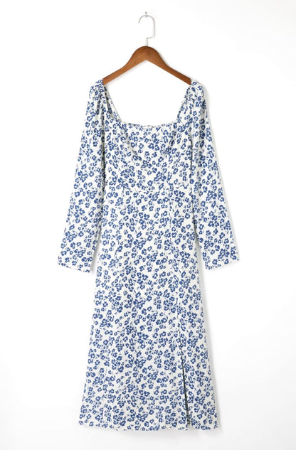 Flat Square Collar  with Blue Print High Slit Long