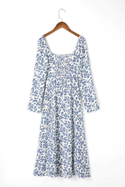 Flat Square Collar  with Blue Print High Slit Long