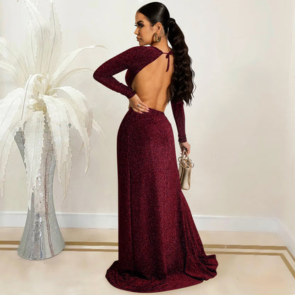 Long Sleeve Cutout out Strap  Slit Maxi Dress
