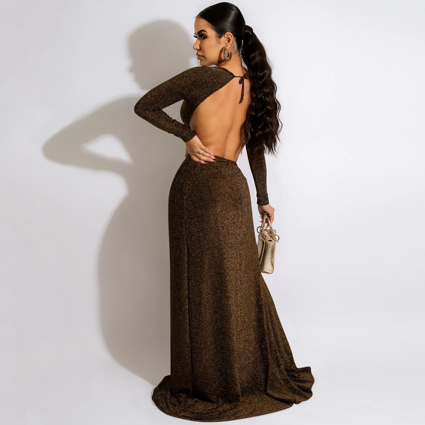 Long Sleeve Cutout out Strap  Slit Maxi Dress