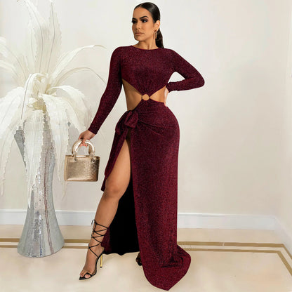 Long Sleeve Cutout out Strap  Slit Maxi Dress