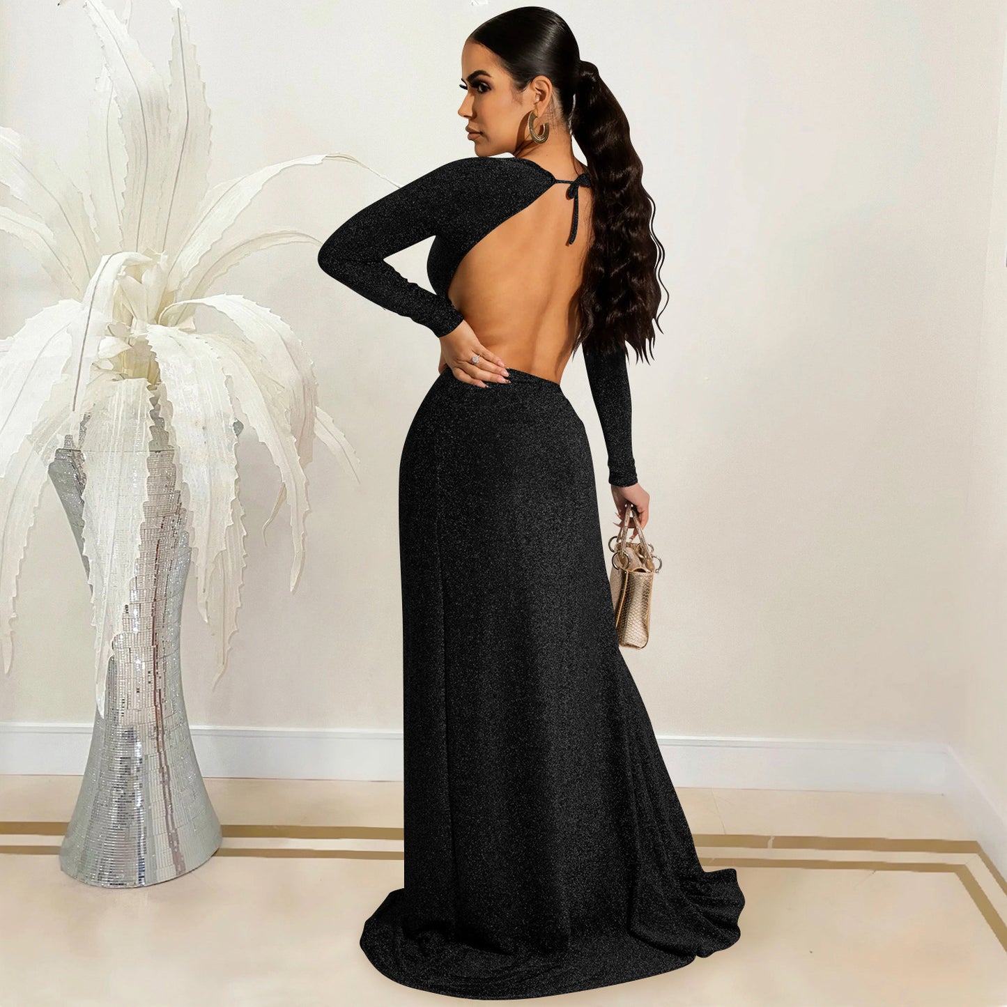 Long Sleeve Cutout out Strap  Slit Maxi Dress