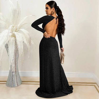 Long Sleeve Cutout out Strap  Slit Maxi Dress