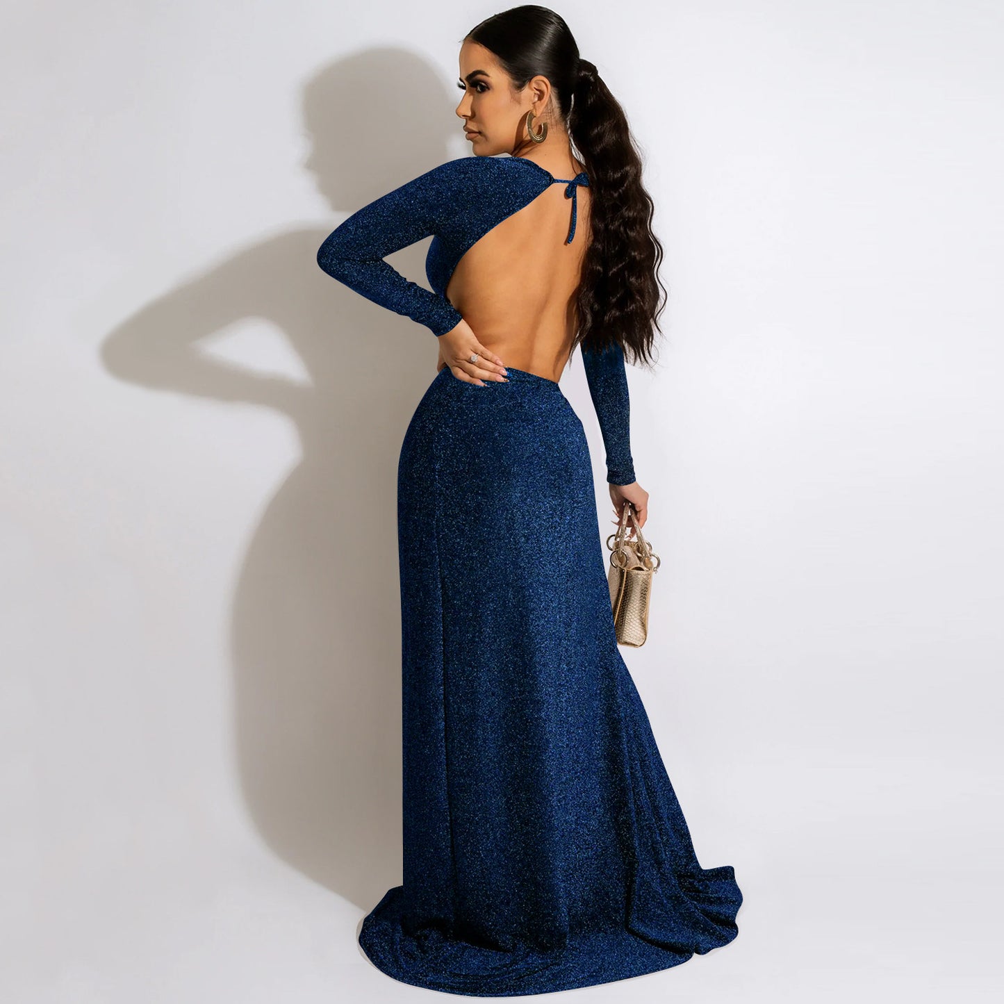 Long Sleeve Cutout out Strap  Slit Maxi Dress