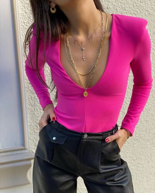 Deep V Plunge neck Padded Shoulder Close Fitting Inner Bodysuit