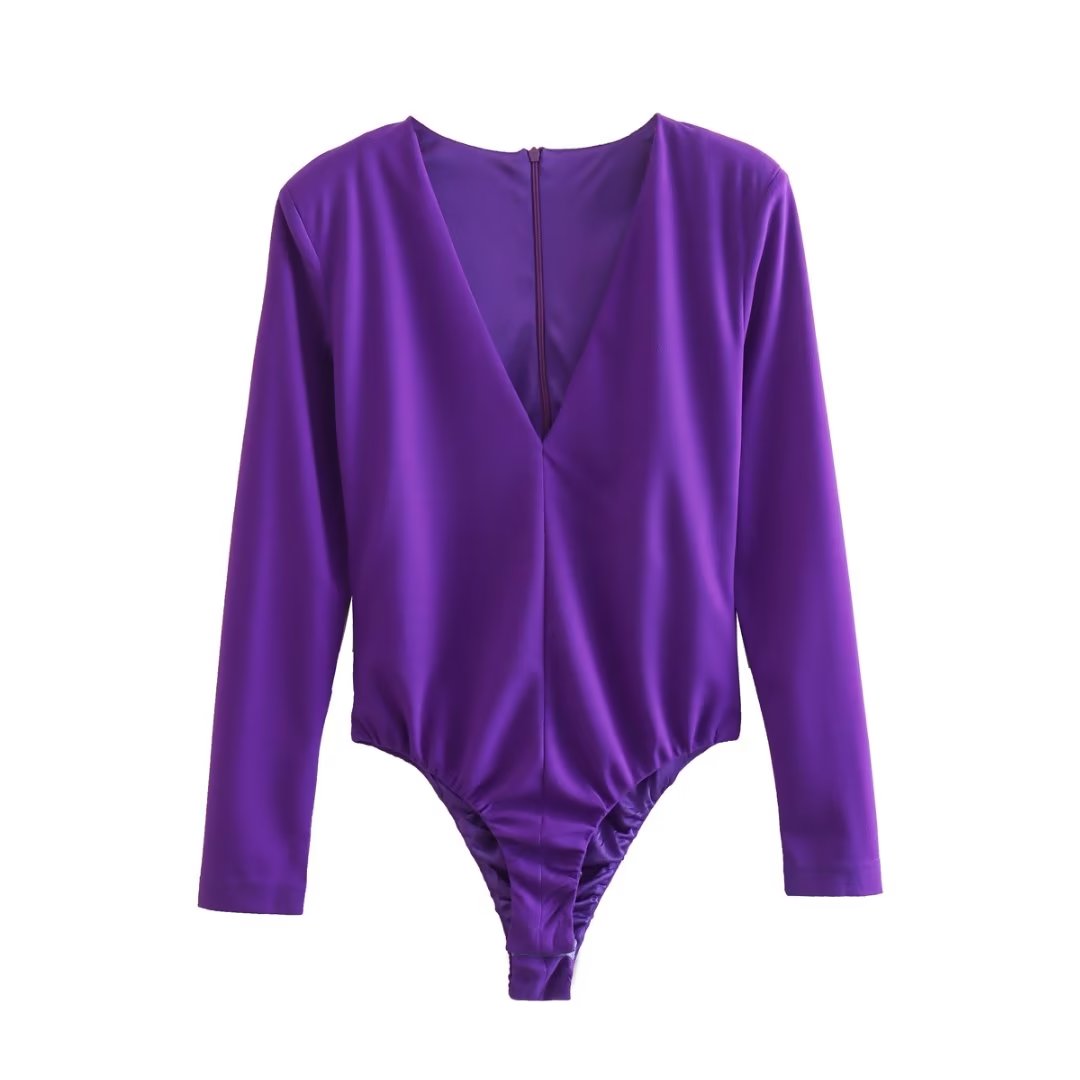 Deep V Plunge neck Padded Shoulder Close Fitting Inner Bodysuit