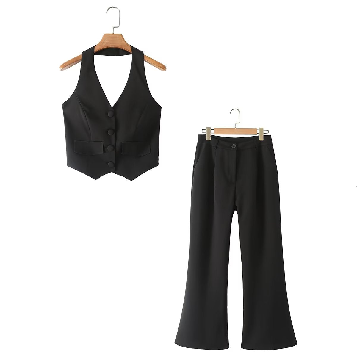 "High-Waist Slim Fit Black Waistcoat & Flared Trousers Set"