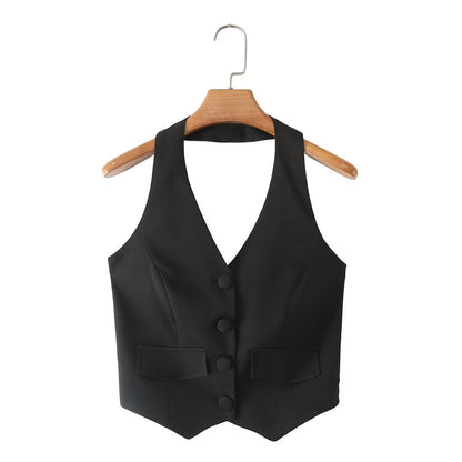"High-Waist Slim Fit Black Waistcoat & Flared Trousers Set"