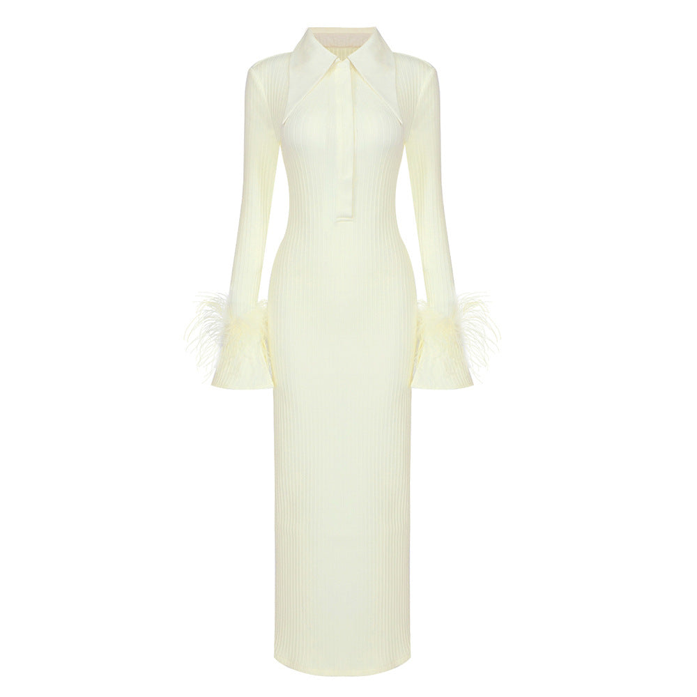 Yellow Knitted Dress with Feather Sleeves