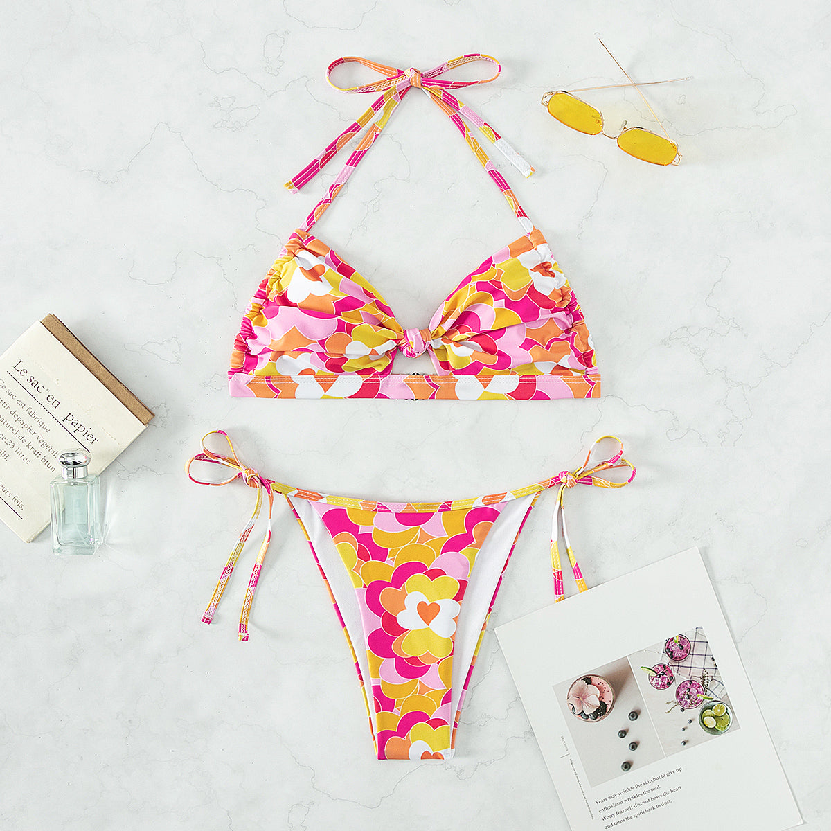 Sexy  Split Halterneck Printed Swimsuit