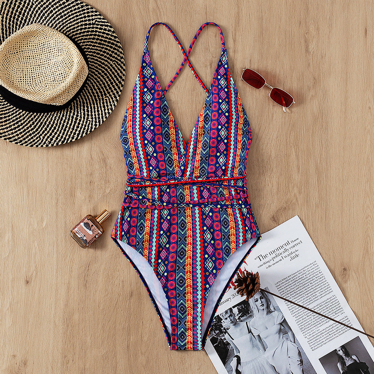 Bohemian  Deep V Plunge  Backless Swimsuit