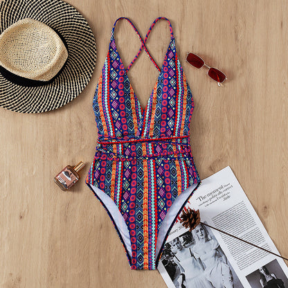 Bohemian  Deep V Plunge  Backless Swimsuit