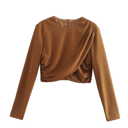 Round Neck Long Sleeved Slim Fit Short Pullover Top