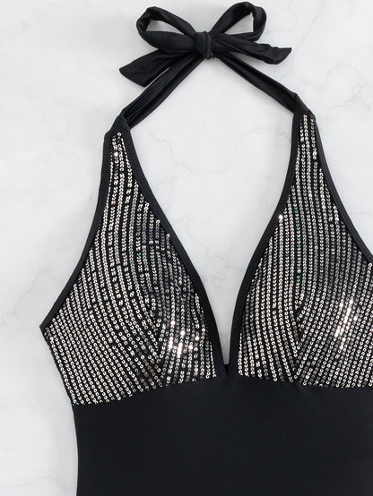 One Piece Halter Sequined Backless Bikini