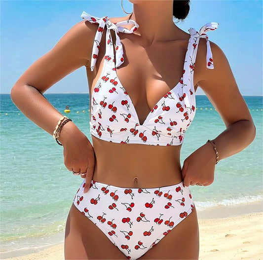 Fruit High Waist  Bow Lace Up Swimsuit