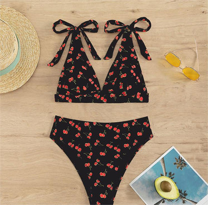 Fruit High Waist  Bow Lace Up Swimsuit