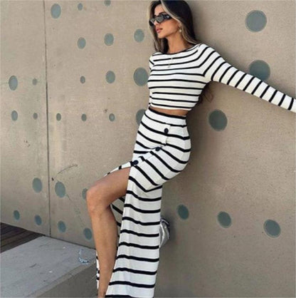Black White Stripes Long Sleeve Short Top Button Skirt Set