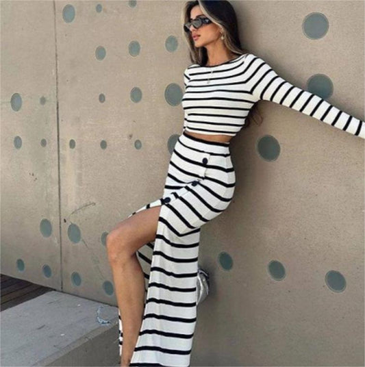 Black White Stripes Long Sleeve Short Top Button Skirt Set