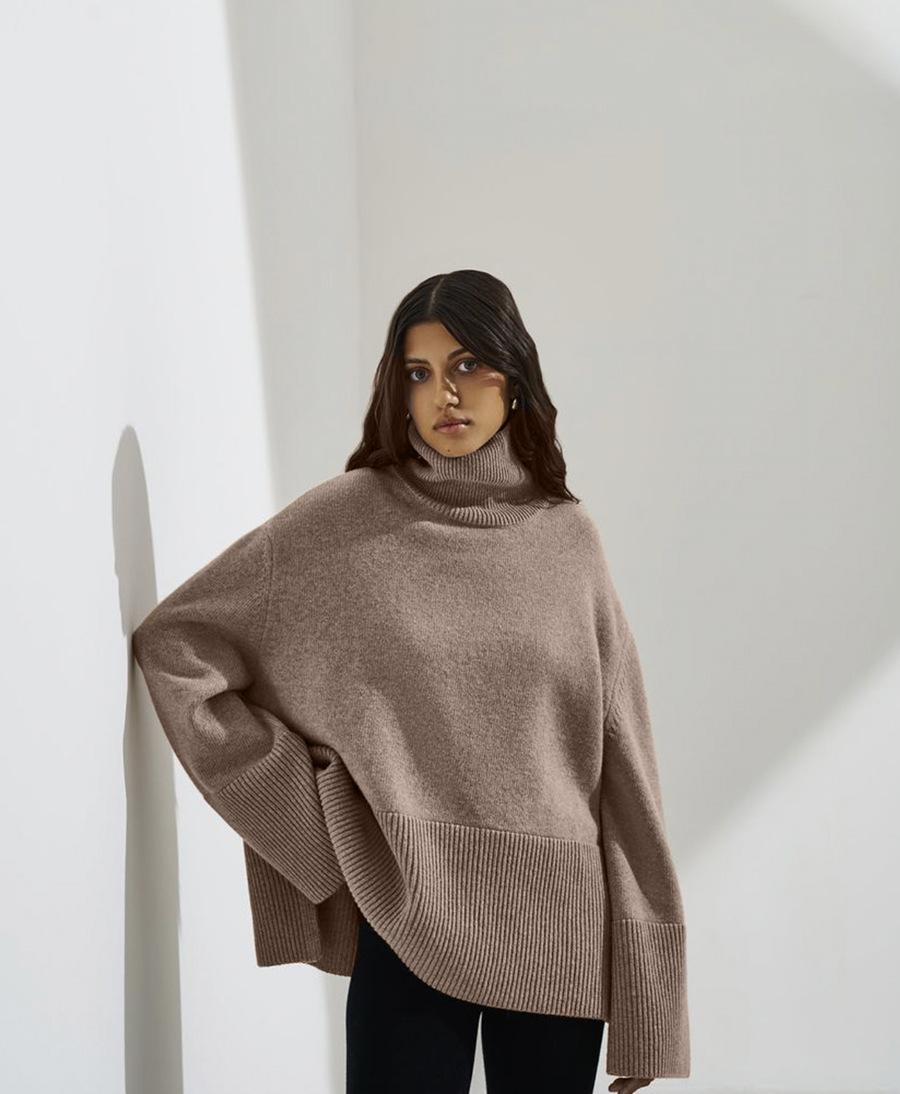 Women Slit Loose Knit High Collar Sweater
