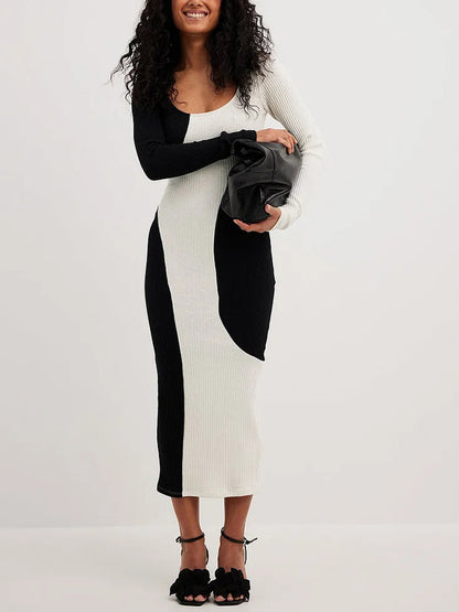 Knitted Black White Matching Long Sleeve Sweater Dress