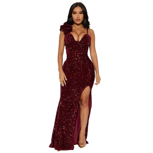 "Sexy Solid Color Sequined Maxi Dress with Slit"