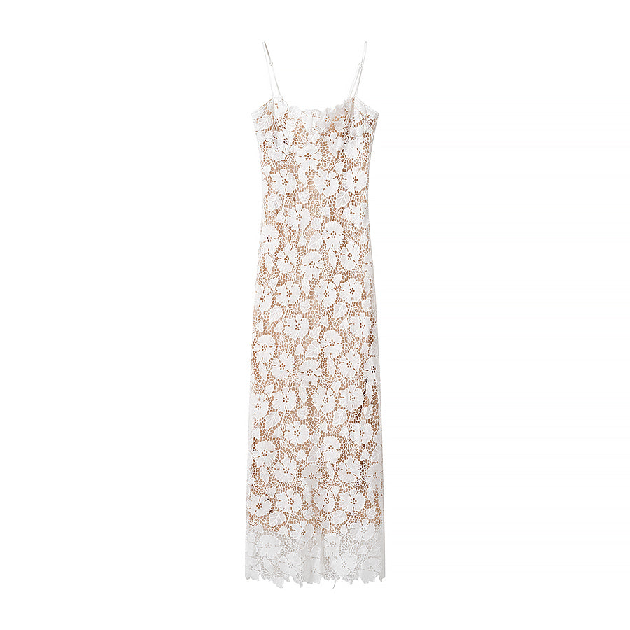 Women Waist Slimming Lace Design Backless Sling Dress