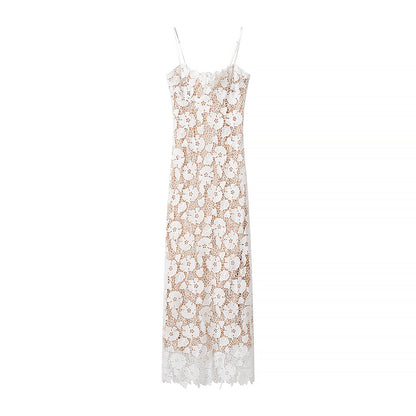 Women Waist Slimming Lace Design Backless Sling Dress