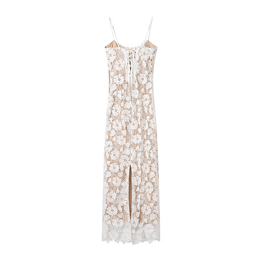 Women Waist Slimming Lace Design Backless Sling Dress