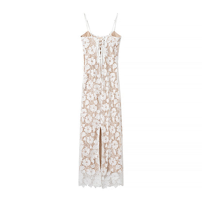 Women Waist Slimming Lace Design Backless Sling Dress