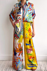 Satin Printed Short Sleeve  Two Piece Sets