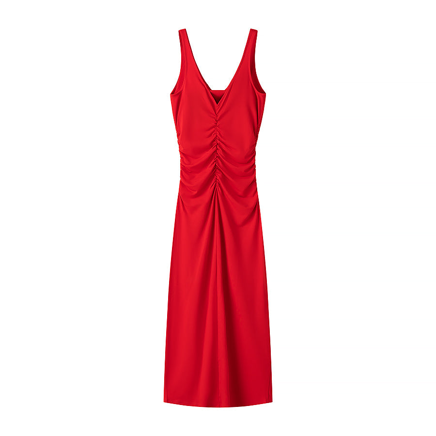 Fashionable  Pleated  Sleeveless Midi Dress