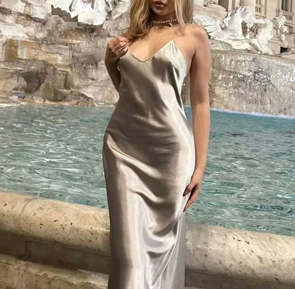 Silk Satin Texture Solid Color Midi Dress