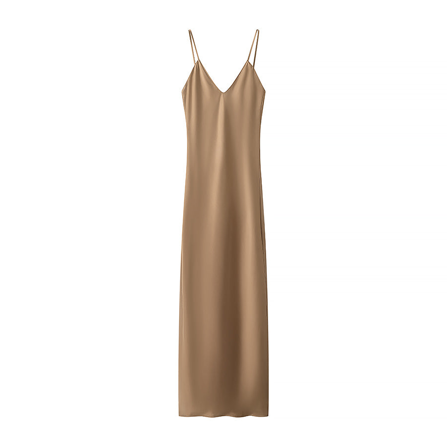 Silk Satin Texture Solid Color Midi Dress
